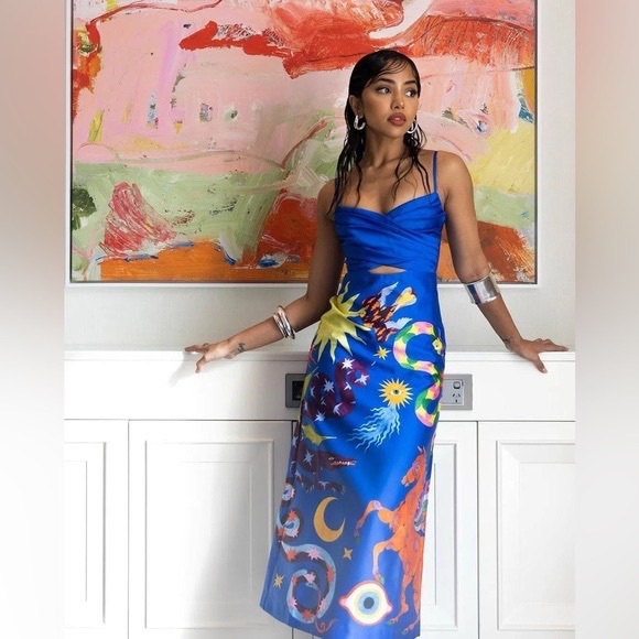 Authentic ALEMAIS Guardian Printed Satin Keyhole Midi Dress Sz US 2 - Picture 1 of 14